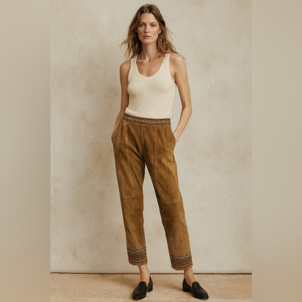 Vintage 1970s Suede Bagatelle Folk Cottage core Pants